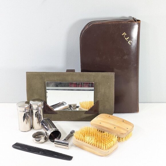 Ca 1930s English gentleman's toiletry kit travel set, grooming set in leather - Picture 1 of 10